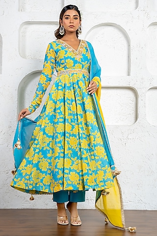 Neon Blue & Yellow Chanderi Floral Printed & Gota Work Anarkali Set by Yuvrani Jaipur