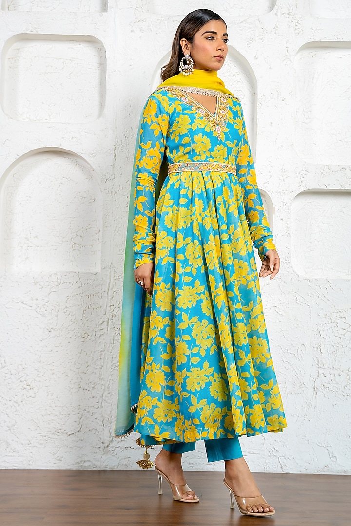 Neon Blue & Yellow Chanderi Floral Printed & Gota Work Party Wear Anarkali Set by Yuvrani Jaipur at Pernia's Pop Up Shop