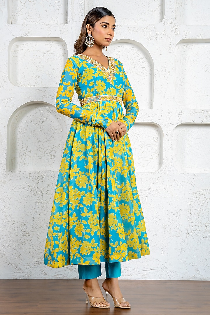 Neon Blue & Yellow Chanderi Floral Printed & Gota Work Party Wear Anarkali Set by Yuvrani Jaipur at Pernia's Pop Up Shop