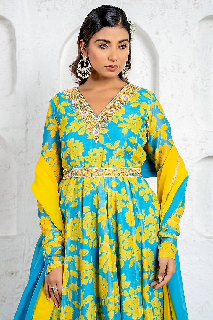 Neon Blue & Yellow Chanderi Floral Printed & Gota Work Party Wear Anarkali Set by Yuvrani Jaipur at Pernia's Pop Up Shop