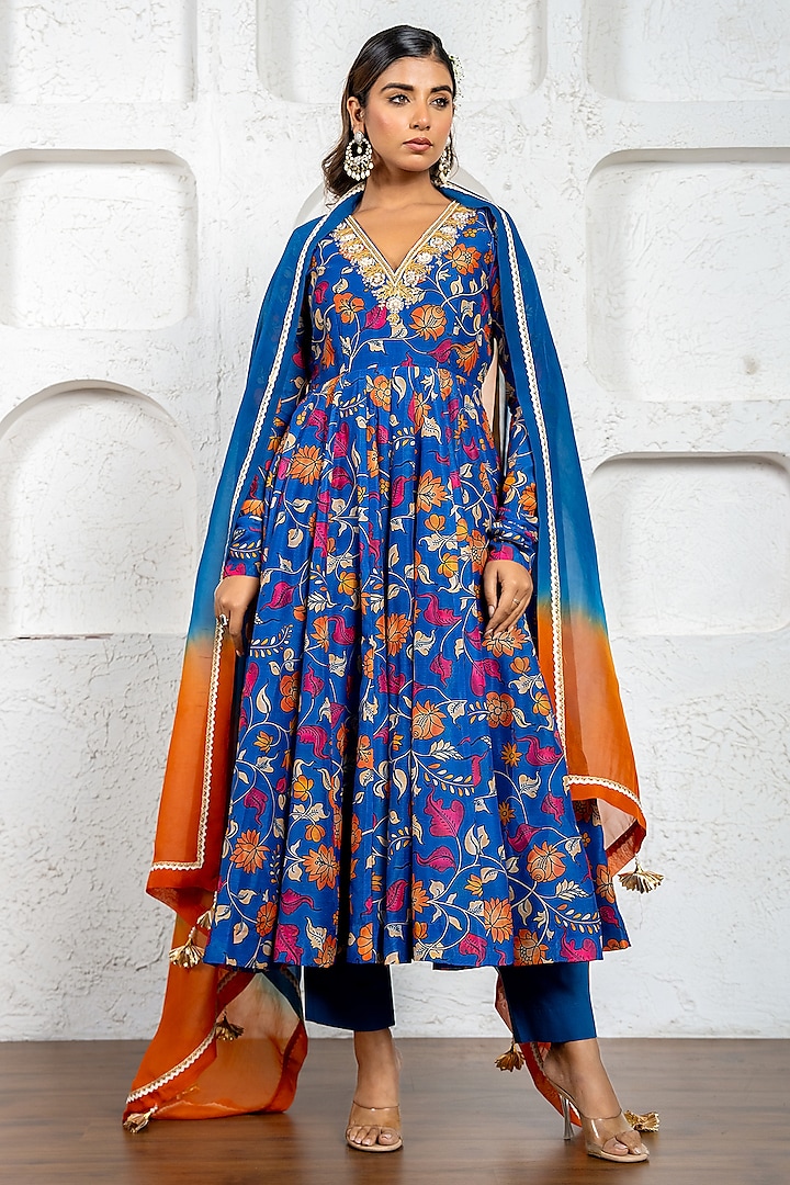 Blue Chanderi Floral Printed & Gota Work Kalamkari Party Wear Anarkali Set by Yuvrani Jaipur at Pernia's Pop Up Shop