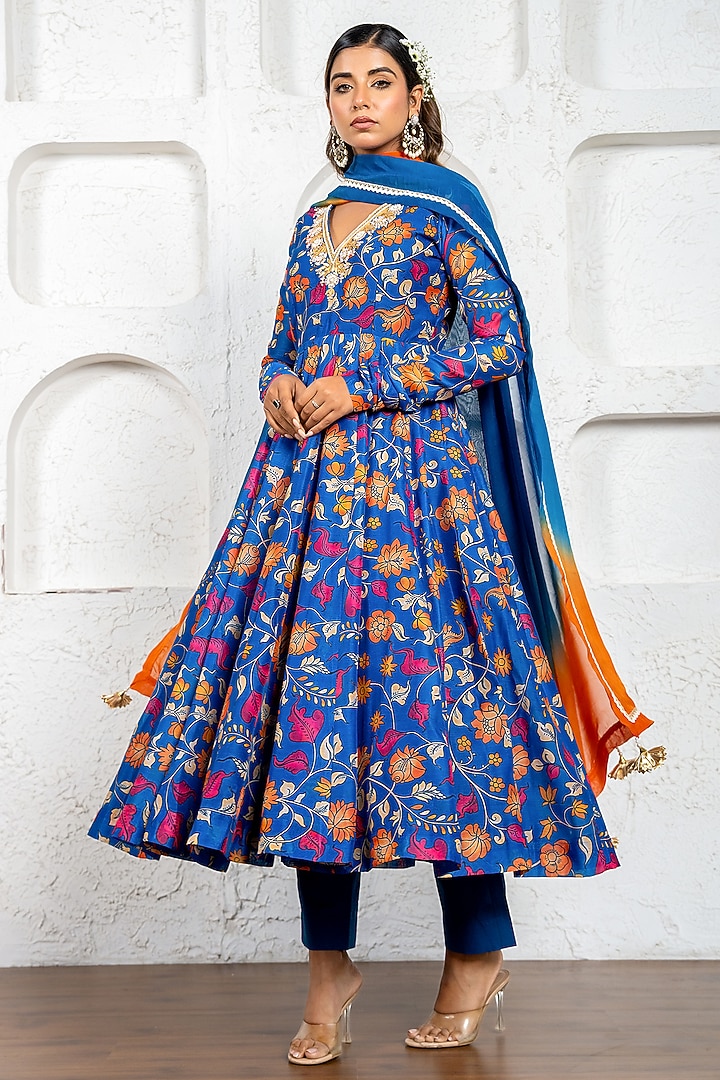 Blue Chanderi Floral Printed & Gota Work Kalamkari Party Wear Anarkali Set by Yuvrani Jaipur at Pernia's Pop Up Shop
