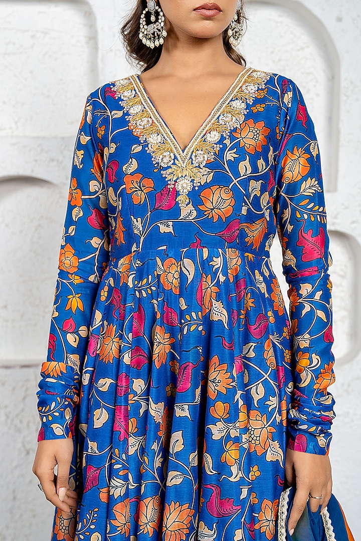 Blue Chanderi Floral Printed & Gota Work Kalamkari Party Wear Anarkali Set by Yuvrani Jaipur at Pernia's Pop Up Shop