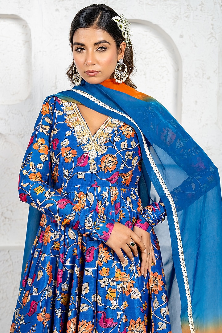 Blue Chanderi Floral Printed & Gota Work Kalamkari Party Wear Anarkali Set by Yuvrani Jaipur at Pernia's Pop Up Shop