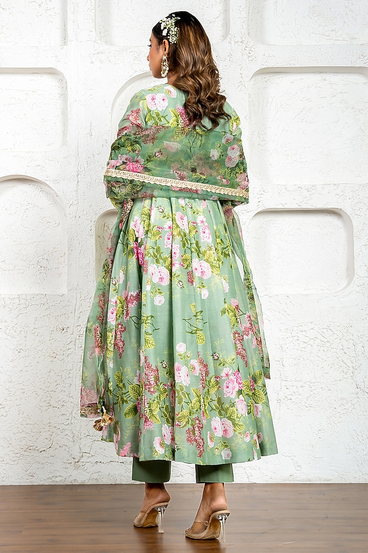 Pista Green Chanderi Floral Printed & Gota Work Party Wear Anarkali Set by Yuvrani Jaipur at Pernia's Pop Up Shop