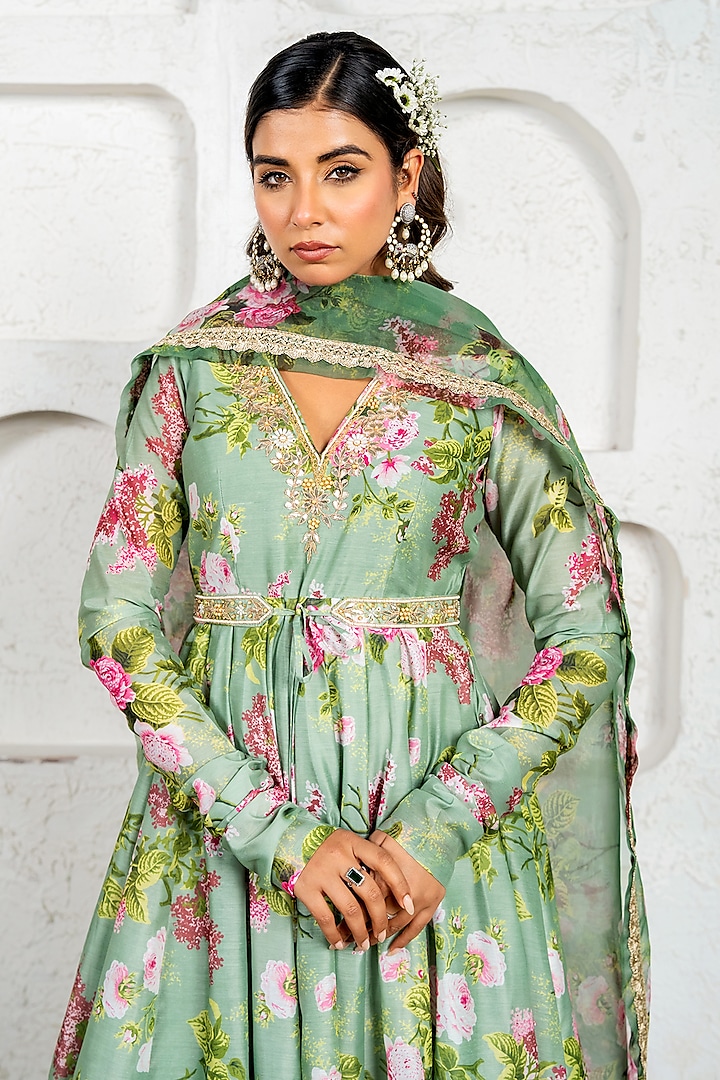 Pista Green Chanderi Floral Printed & Gota Work Party Wear Anarkali Set by Yuvrani Jaipur at Pernia's Pop Up Shop