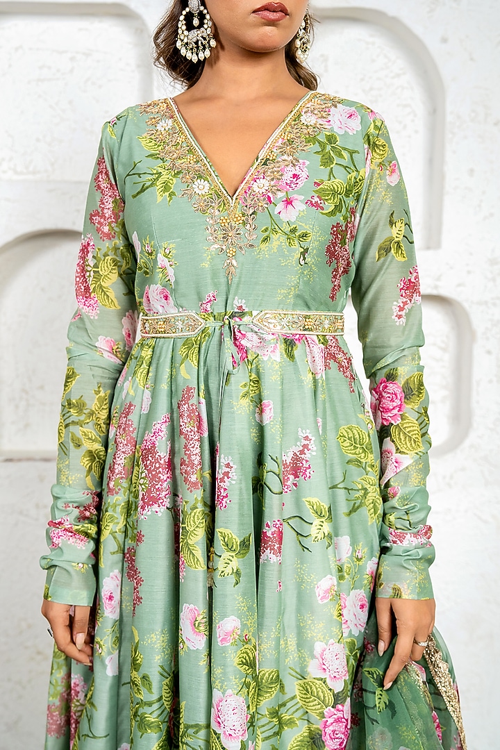 Pista Green Chanderi Floral Printed & Gota Work Party Wear Anarkali Set by Yuvrani Jaipur at Pernia's Pop Up Shop