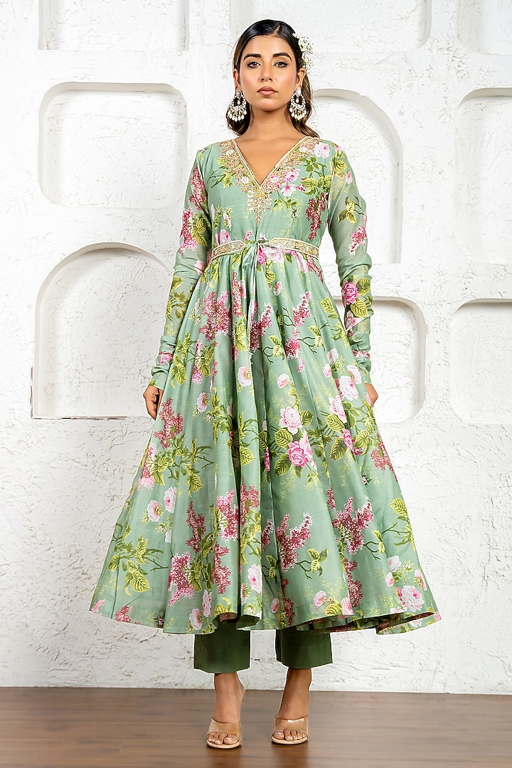 Pista Green Chanderi Floral Printed & Gota Work Party Wear Anarkali Set by Yuvrani Jaipur at Pernia's Pop Up Shop