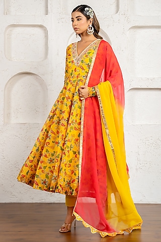 Yellow Chanderi Floral Printed & Gota Work Anarkali Set by Yuvrani Jaipur