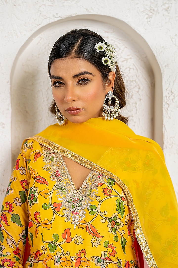 Yellow Chanderi Floral Printed & Gota Work Party Wear Anarkali Set by Yuvrani Jaipur at Pernia's Pop Up Shop