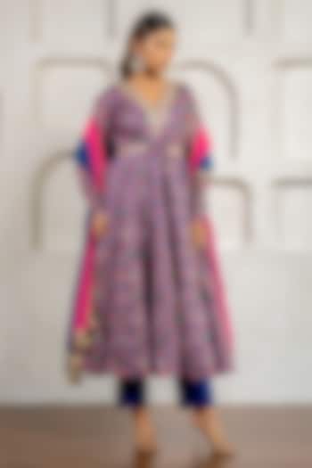 Blue Chanderi Floral Printed & Gota Work Party Wear Anarkali Set by Yuvrani Jaipur at Pernia's Pop Up Shop