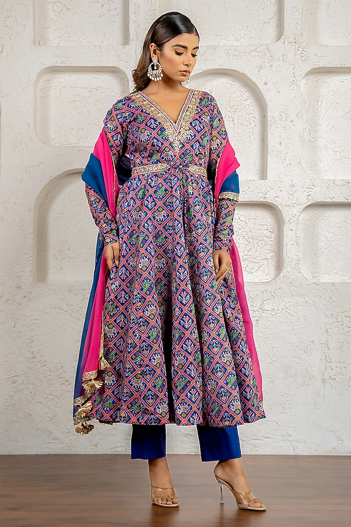 Blue Chanderi Floral Printed & Gota Work Party Wear Anarkali Set by Yuvrani Jaipur at Pernia's Pop Up Shop