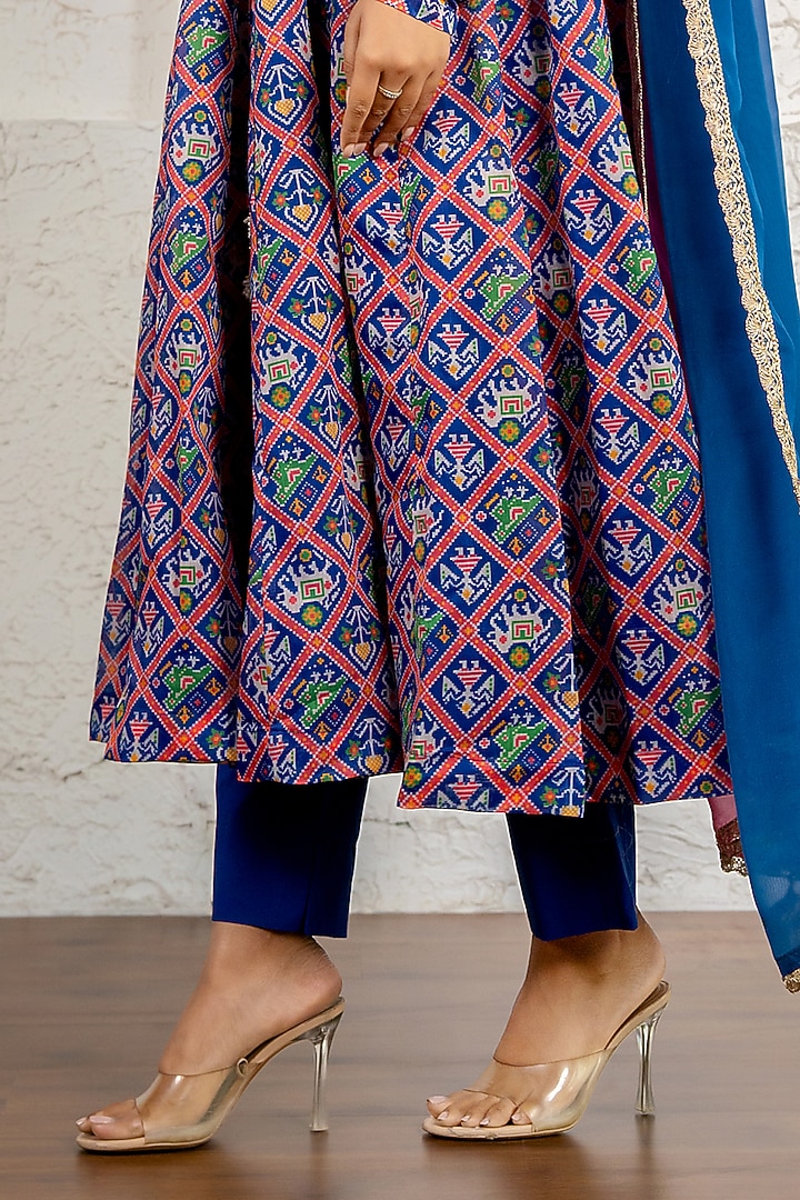 Blue Chanderi Floral Printed & Gota Work Party Wear Anarkali Set by Yuvrani Jaipur at Pernia's Pop Up Shop