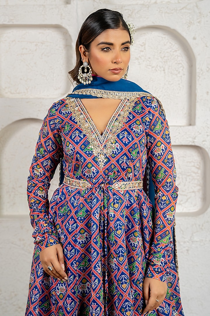 Blue Chanderi Floral Printed & Gota Work Party Wear Anarkali Set by Yuvrani Jaipur at Pernia's Pop Up Shop