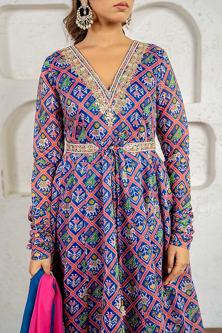 Blue Chanderi Floral Printed & Gota Work Party Wear Anarkali Set by Yuvrani Jaipur at Pernia's Pop Up Shop