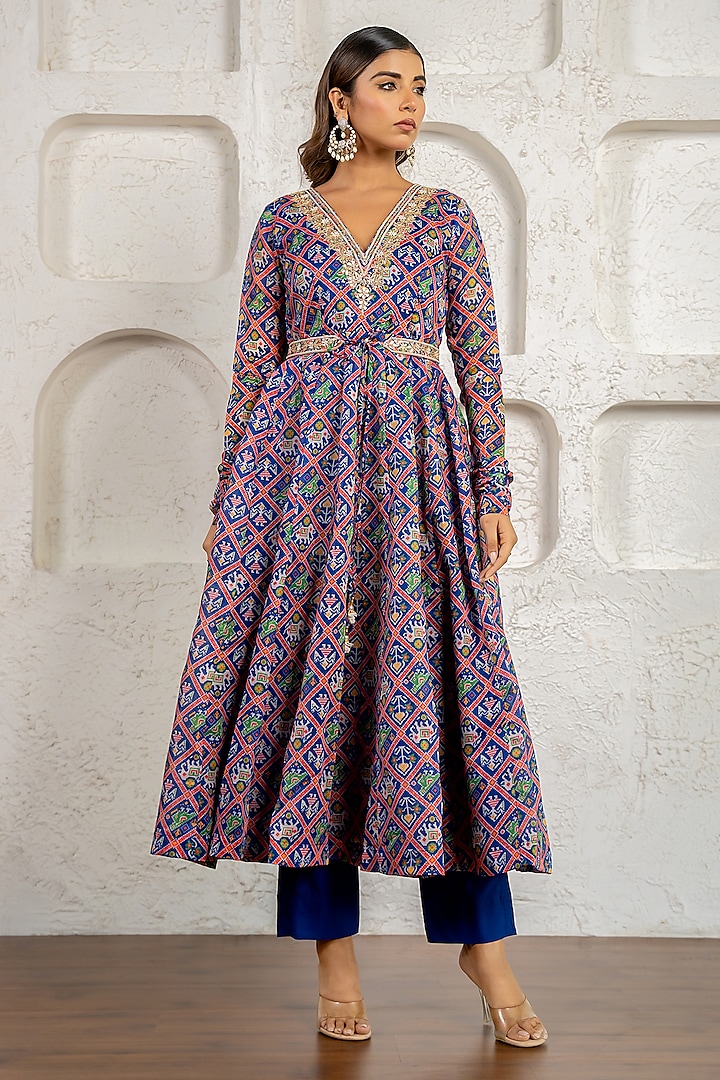Blue Chanderi Floral Printed & Gota Work Party Wear Anarkali Set by Yuvrani Jaipur at Pernia's Pop Up Shop