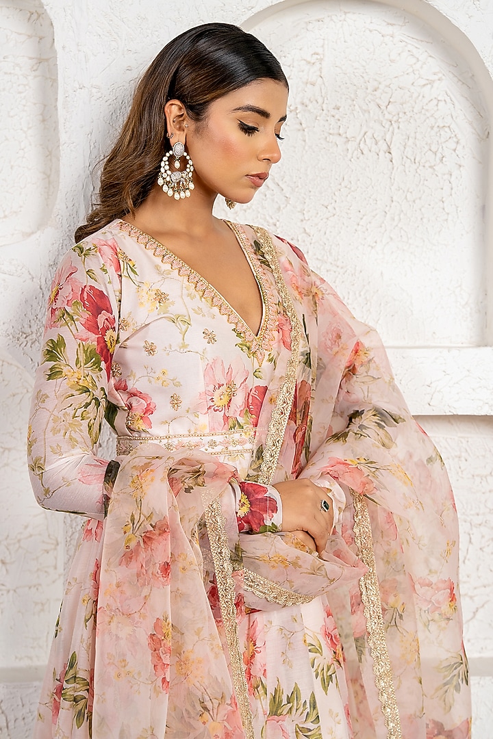 Peach Chanderi Floral Printed & Gota Work Party Wear Anarkali Set by Yuvrani Jaipur at Pernia's Pop Up Shop