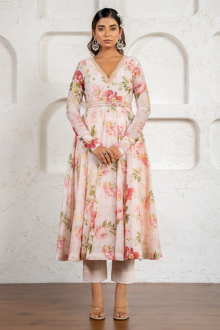 Peach Chanderi Floral Printed & Gota Work Party Wear Anarkali Set by Yuvrani Jaipur at Pernia's Pop Up Shop