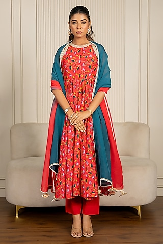 Multi-Colored Chanderi Floral Printed & Lace Embroidered Anarkali Set by Yuvrani Jaipur