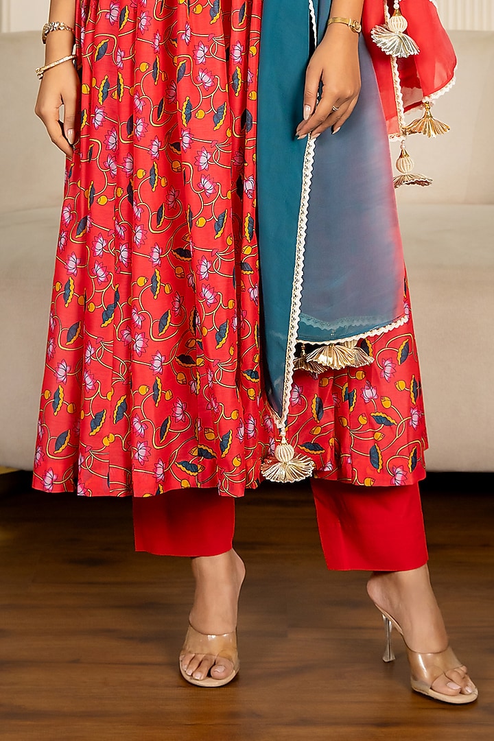 Multi-Colored Chanderi Floral Printed & Lace Embroidered Anarkali Set by Yuvrani Jaipur at Pernia's Pop Up Shop