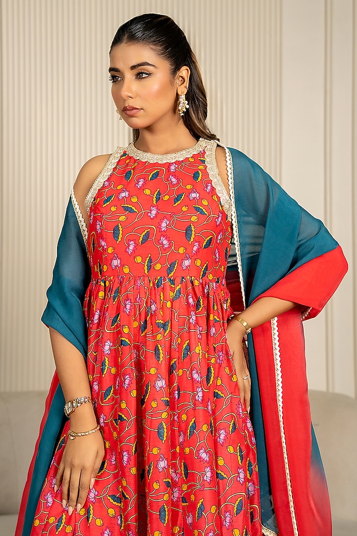 Multi-Colored Chanderi Floral Printed & Lace Embroidered Anarkali Set by Yuvrani Jaipur at Pernia's Pop Up Shop
