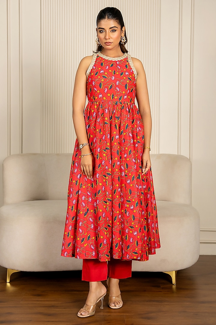 Multi-Colored Chanderi Floral Printed & Lace Embroidered Anarkali Set by Yuvrani Jaipur at Pernia's Pop Up Shop