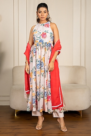 Multi-Colored Chanderi Floral Printed & Lace Embroidered Anarkali Set by Yuvrani Jaipur