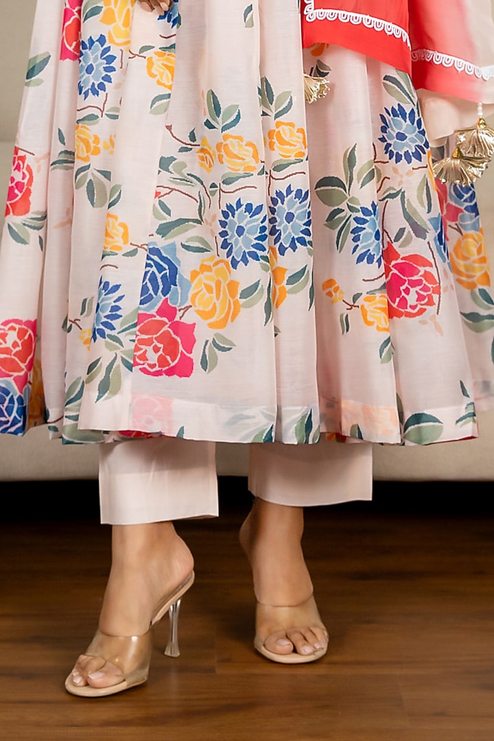 Multi-Colored Chanderi Floral Printed & Lace Embroidered Anarkali Set by Yuvrani Jaipur at Pernia's Pop Up Shop
