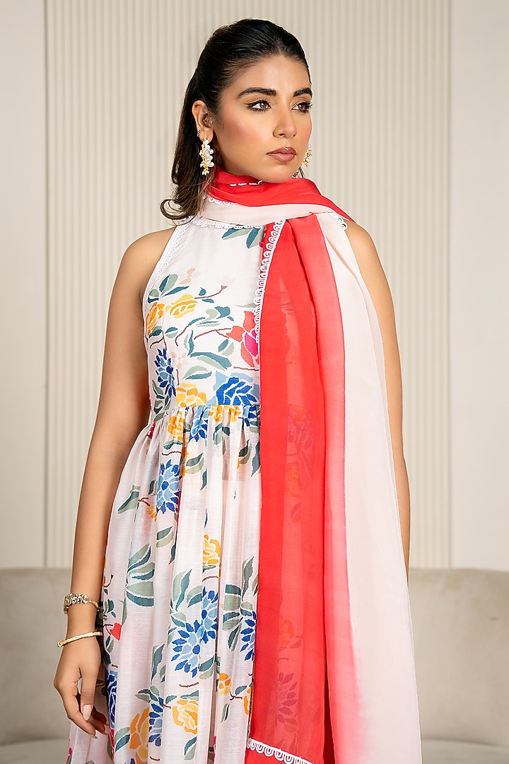 Multi-Colored Chanderi Floral Printed & Lace Embroidered Anarkali Set by Yuvrani Jaipur at Pernia's Pop Up Shop