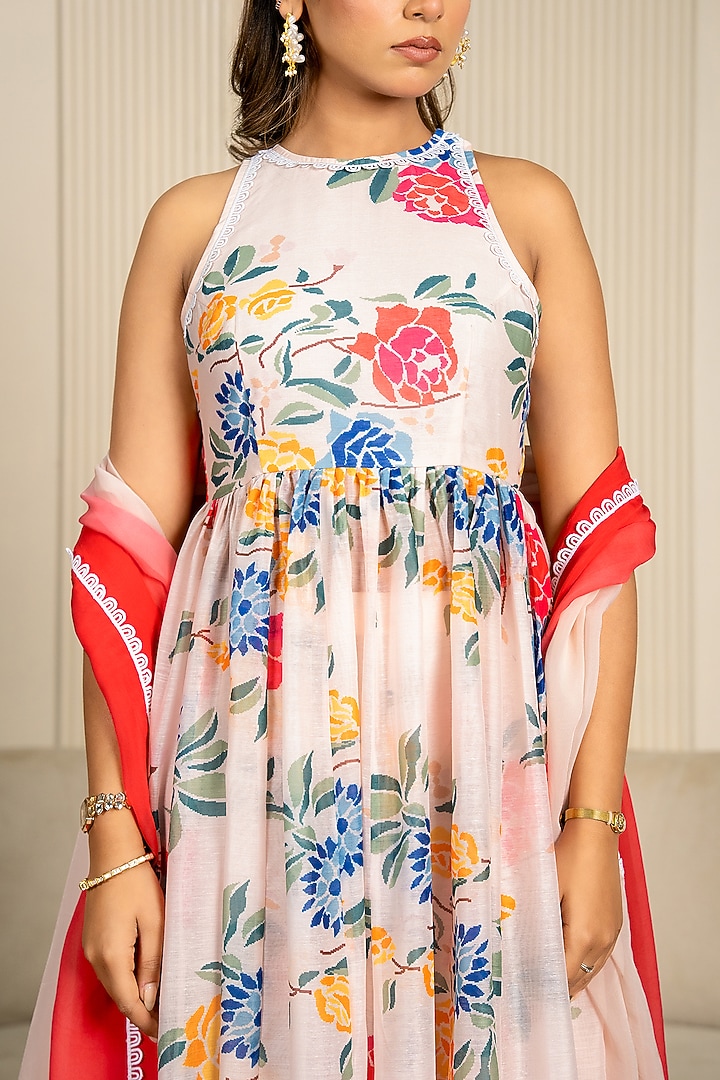 Multi-Colored Chanderi Floral Printed & Lace Embroidered Anarkali Set by Yuvrani Jaipur at Pernia's Pop Up Shop