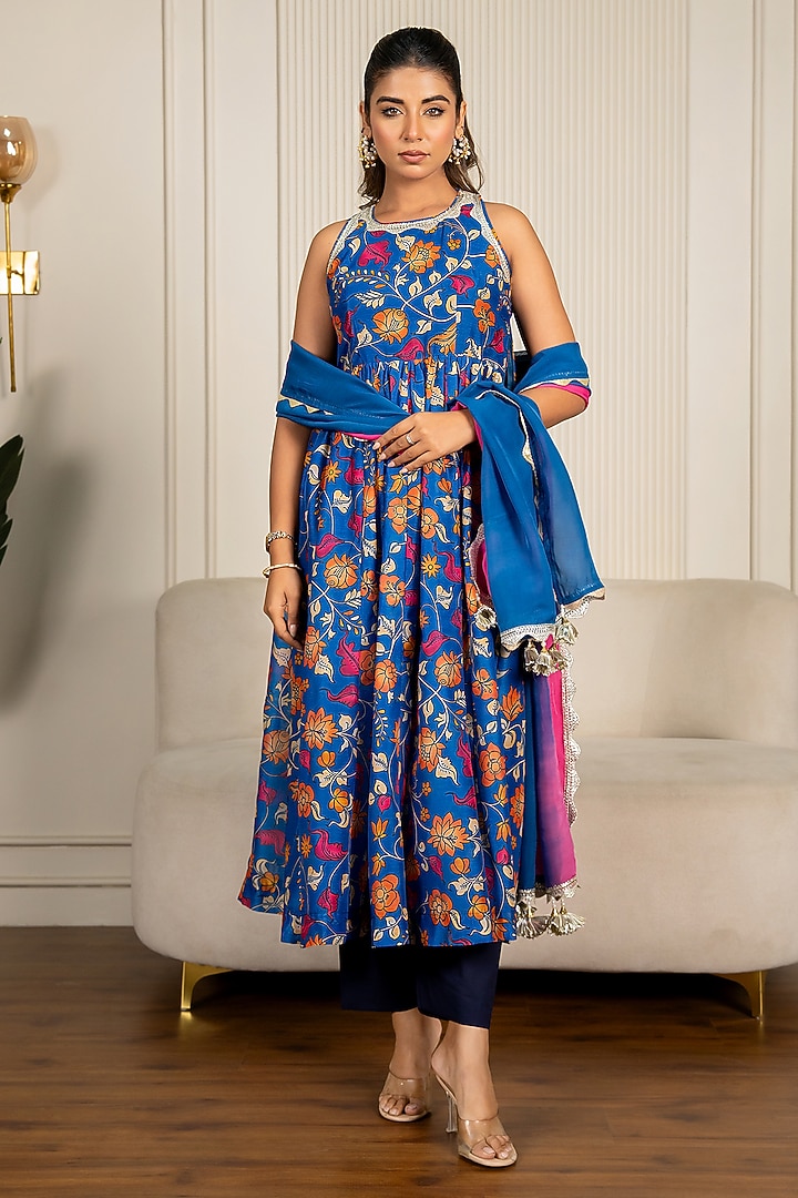 Blue Chanderi Floral Printed & Lace Embroidered Anarkali Set by Yuvrani Jaipur at Pernia's Pop Up Shop
