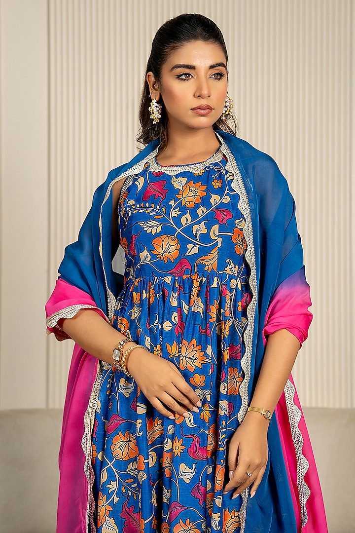 Blue Chanderi Floral Printed & Lace Embroidered Anarkali Set by Yuvrani Jaipur at Pernia's Pop Up Shop