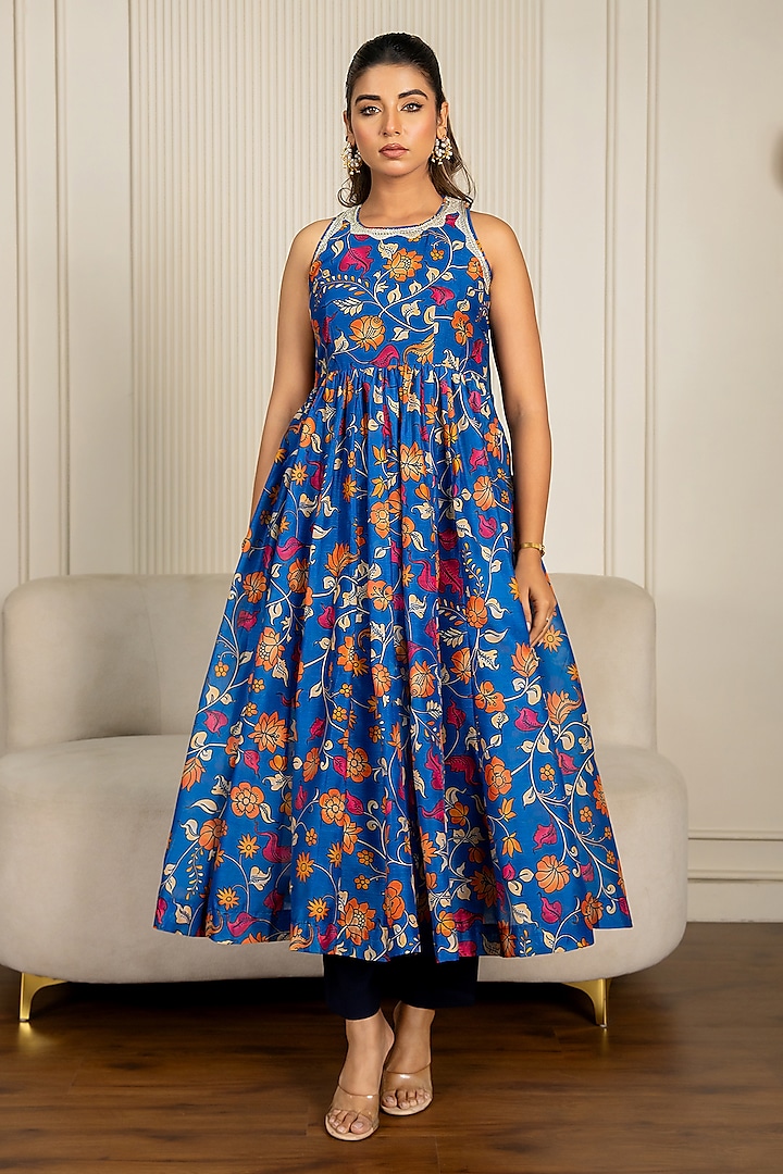 Blue Chanderi Floral Printed & Lace Embroidered Anarkali Set by Yuvrani Jaipur at Pernia's Pop Up Shop