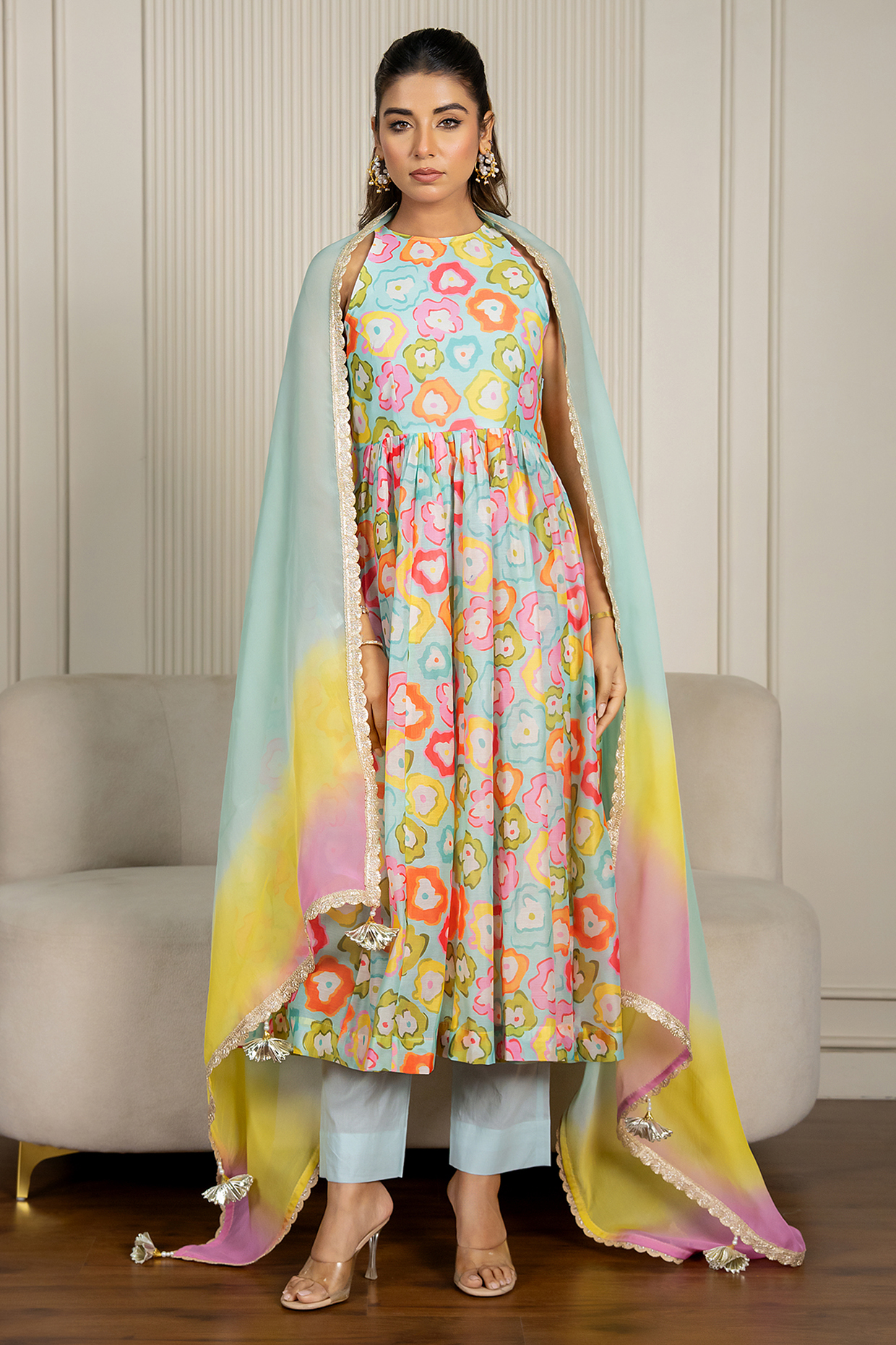 Multi-Colored Chanderi Floral Printed & Lace Embroidered Anarkali Set by Yuvrani Jaipur at Pernia's Pop Up Shop