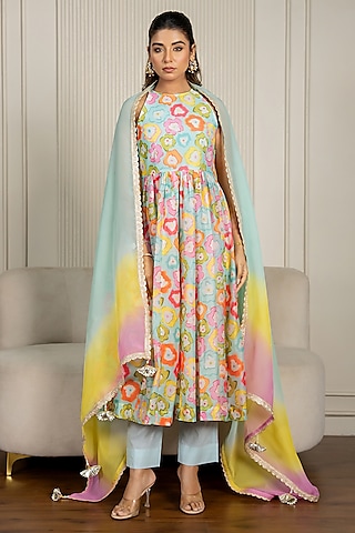 Multi-Colored Chanderi Floral Printed & Lace Embroidered Anarkali Set by Yuvrani Jaipur