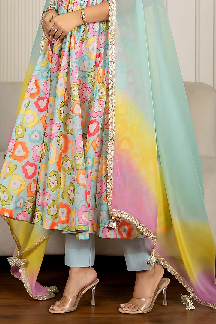 Multi-Colored Chanderi Floral Printed & Lace Embroidered Anarkali Set by Yuvrani Jaipur at Pernia's Pop Up Shop