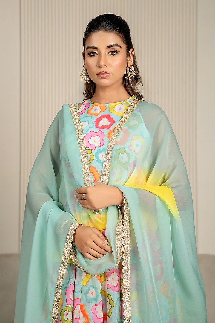 Multi-Colored Chanderi Floral Printed & Lace Embroidered Anarkali Set by Yuvrani Jaipur at Pernia's Pop Up Shop