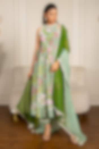 Pista Green Chanderi Floral Printed & Lace Embroidered Anarkali Set by Yuvrani Jaipur at Pernia's Pop Up Shop