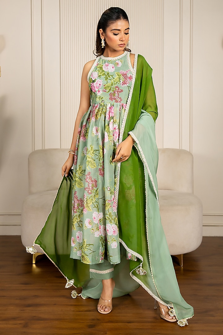 Pista Green Chanderi Floral Printed & Lace Embroidered Anarkali Set by Yuvrani Jaipur at Pernia's Pop Up Shop
