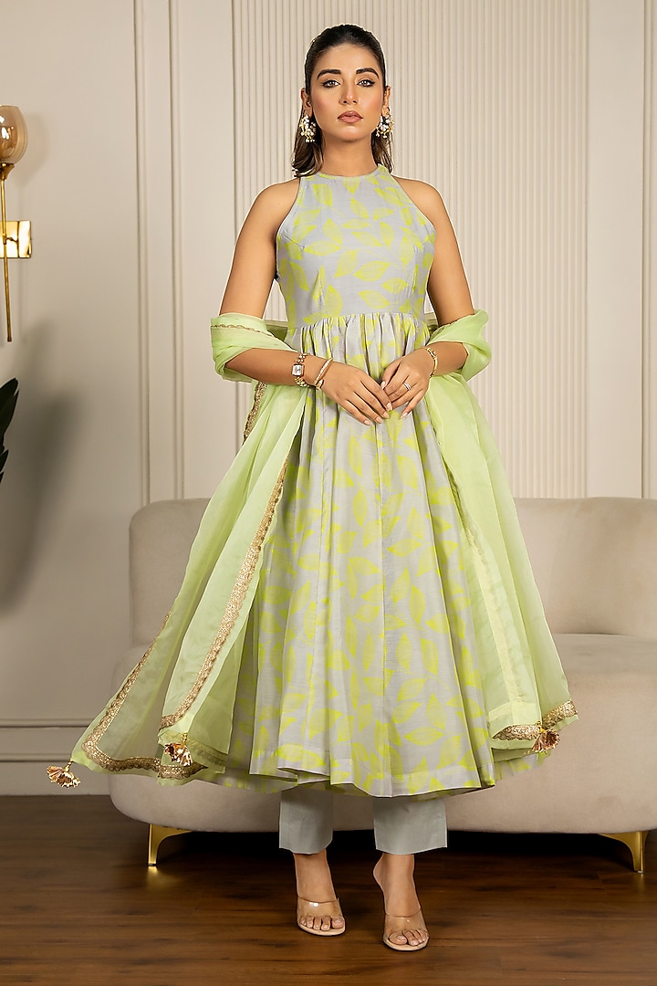 Neon Green & Grey Chanderi Floral Printed & Lace Embroidered Anarkali Set by Yuvrani Jaipur at Pernia's Pop Up Shop