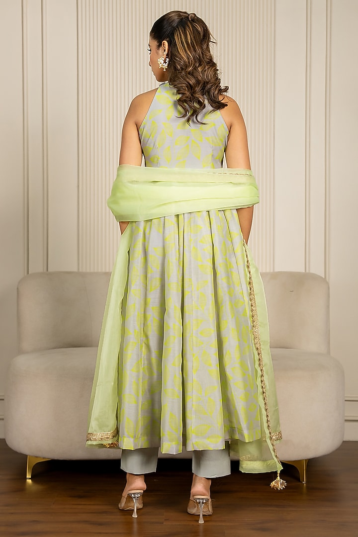 Neon Green & Grey Chanderi Floral Printed & Lace Embroidered Anarkali Set by Yuvrani Jaipur at Pernia's Pop Up Shop