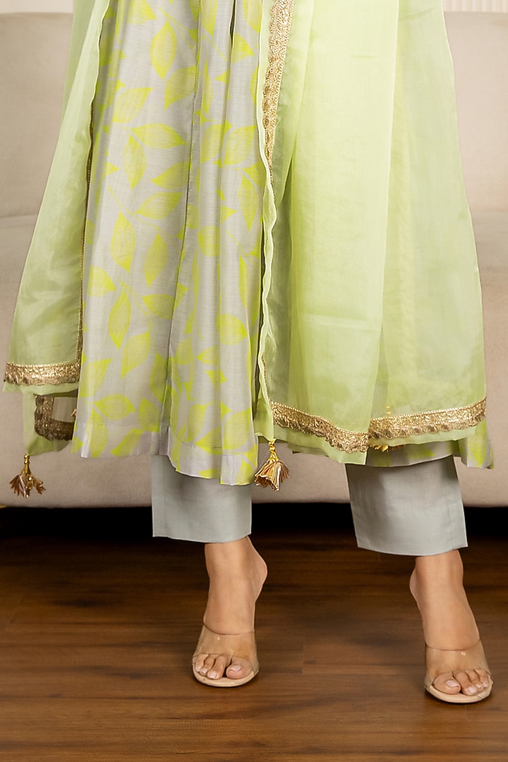 Neon Green & Grey Chanderi Floral Printed & Lace Embroidered Anarkali Set by Yuvrani Jaipur at Pernia's Pop Up Shop