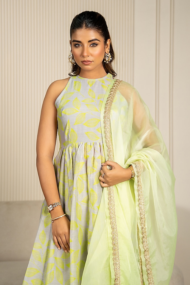 Neon Green & Grey Chanderi Floral Printed & Lace Embroidered Anarkali Set by Yuvrani Jaipur at Pernia's Pop Up Shop