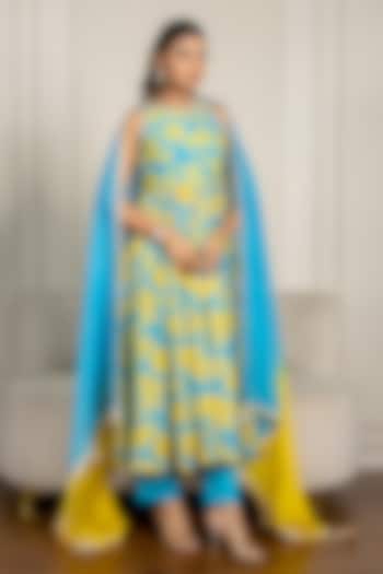 Teal Blue Chanderi Floral Printed & Lace Embroidered Anarkali Set by Yuvrani Jaipur at Pernia's Pop Up Shop