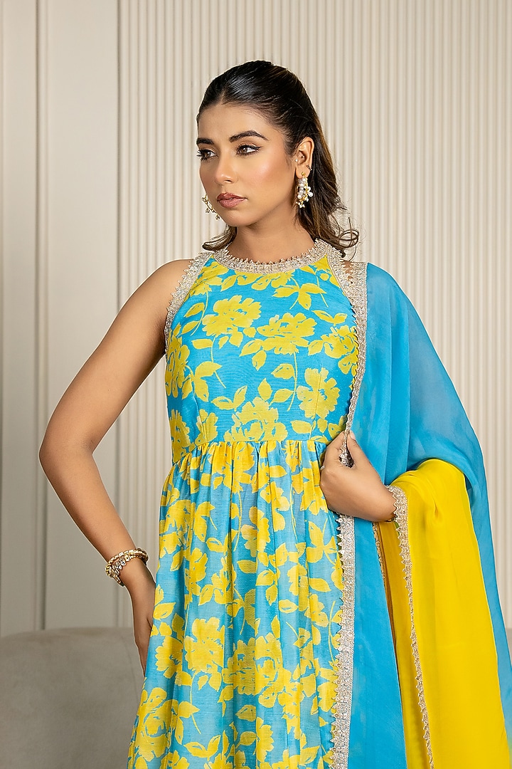 Teal Blue Chanderi Floral Printed & Lace Embroidered Anarkali Set by Yuvrani Jaipur at Pernia's Pop Up Shop