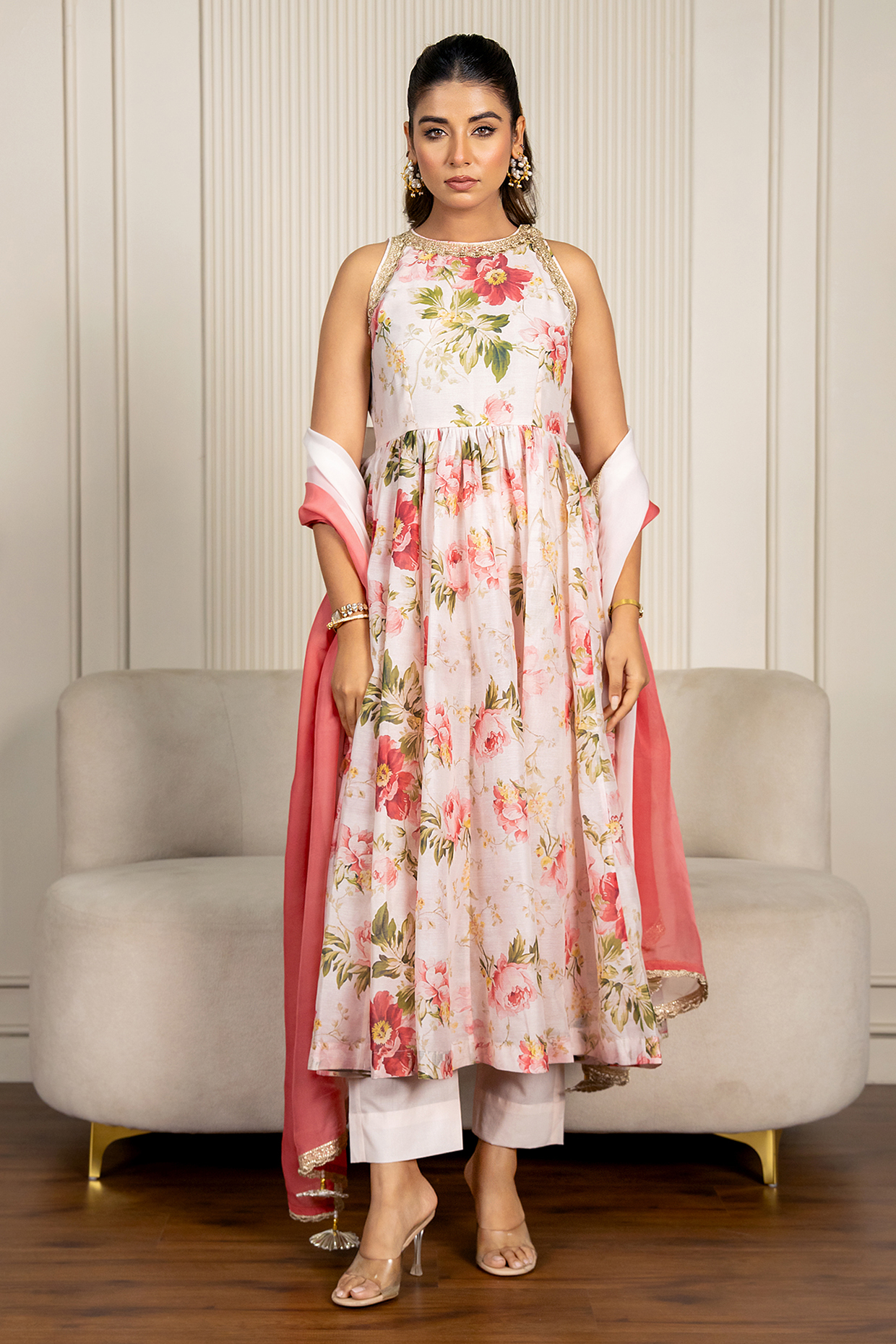 Peach Chanderi Floral Printed & Lace Embroidered Anarkali Set by Yuvrani Jaipur at Pernia's Pop Up Shop