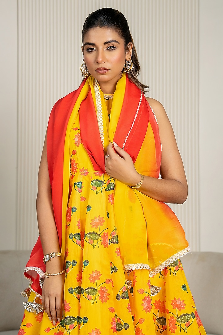 Yellow Chanderi Floral Printed & Lace Embroidered Anarkali Set by Yuvrani Jaipur at Pernia's Pop Up Shop