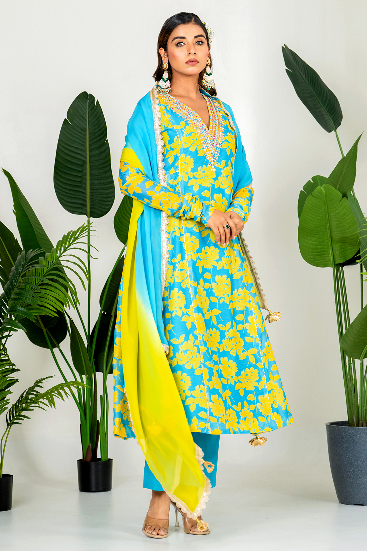 Teal Blue Chandero Floral Printed & Hand Embroidered Kurta Set by Yuvrani Jaipur at Pernia's Pop Up Shop