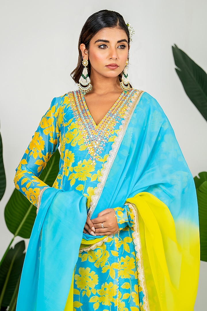 Teal Blue Chandero Floral Printed & Hand Embroidered Kurta Set by Yuvrani Jaipur at Pernia's Pop Up Shop