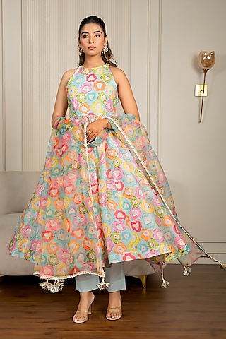Multi-Colored Chanderi Floral Printed & Lace Embroidered Anarkali Set by Yuvrani Jaipur